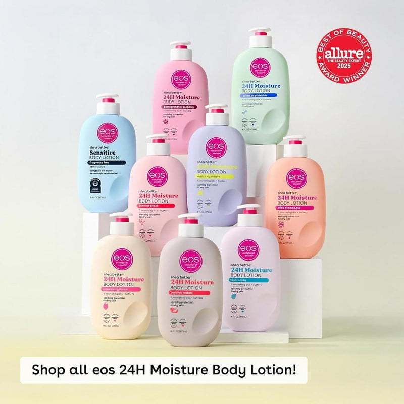 Eos Shea Better Loción corporal de granada frambuesa, cuidado de la piel las 24 horas, ligera y no grasosa, karité natural, vegano