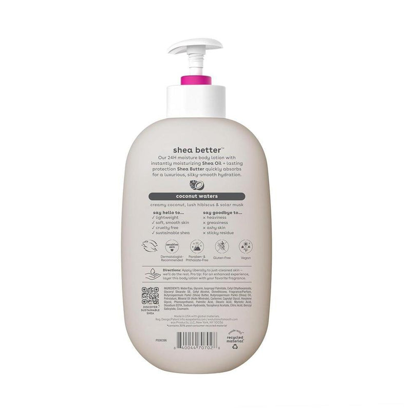 eos Loción corporal Coconut Waters, cuidado de piel 24 horas, ligera, no grasa, con karité natural, vegana, libre de crueldad