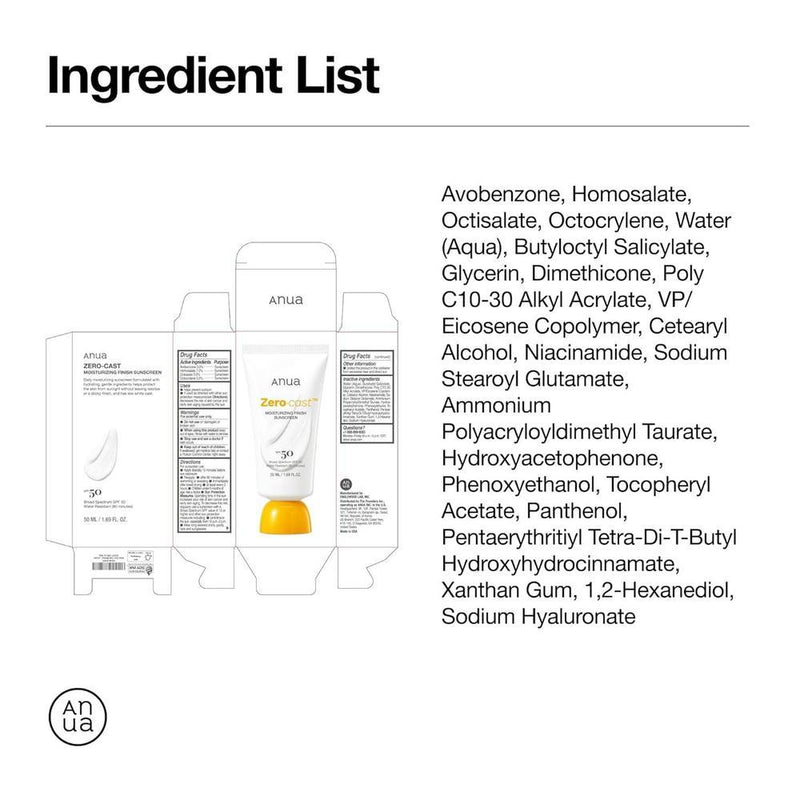Anua Protector Solar Hidratante SPF 50 sin fundición, brillante natural, sin yeso blanco, con ácido hialurónico, niacinamida, ideal para rostro