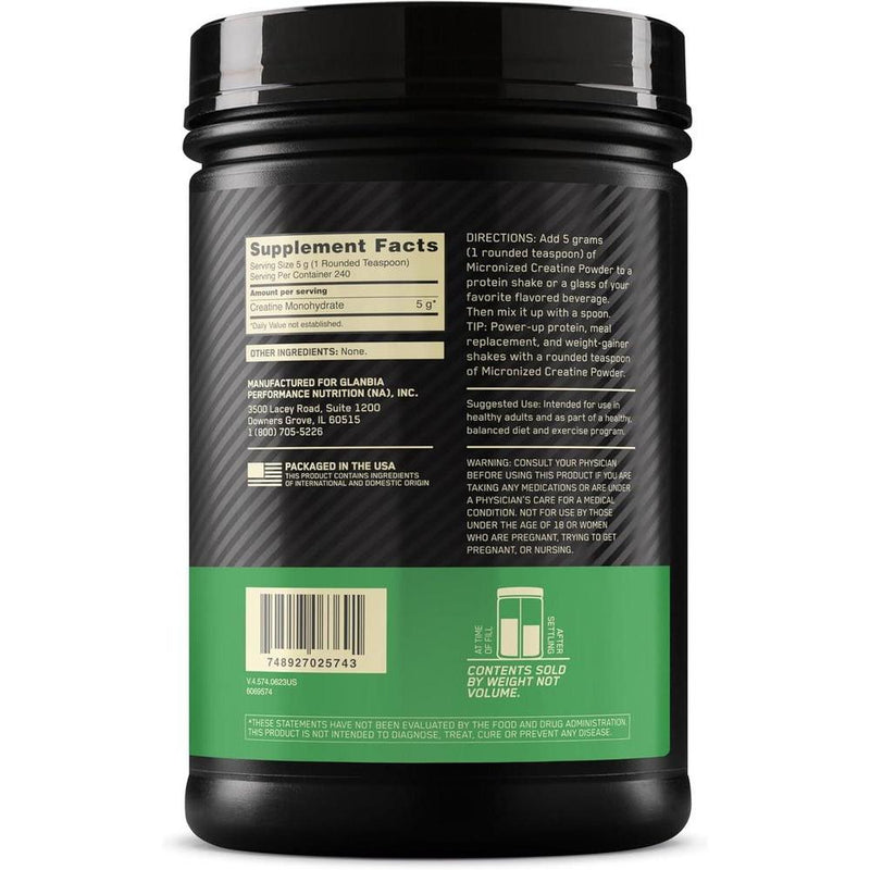 Optimum Nutrition Creatina Micronizada Monohidrato en Polvo sin Sabor, Amigable con Dieta Keto, 240 Porciones