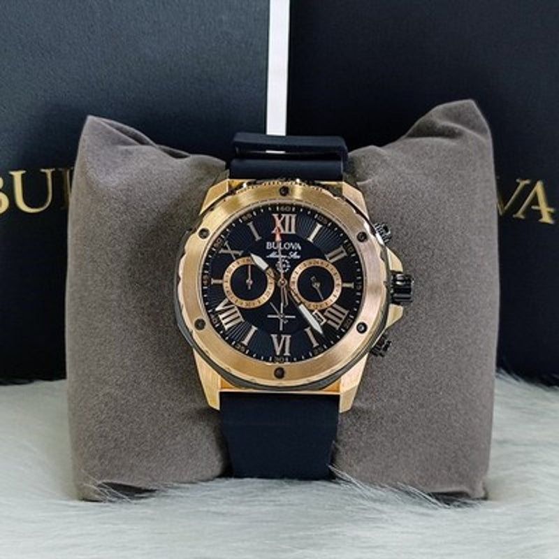 Bulova Marine Star 98B104 Black Rubber Strap Quartz Watch Rose Gold Dial 44mm